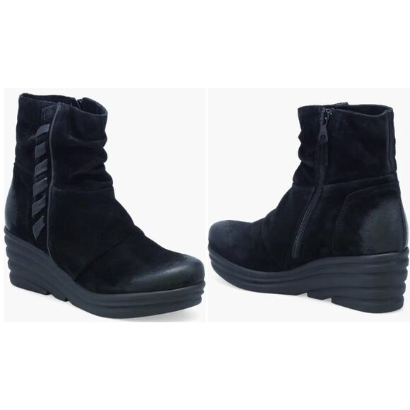 Miz Mooz Zola Whipstitch Black Suede Wedge Ruched Ankle Boots Sz. EU 36 US 5.5-6 - Picture 1 of 14